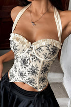Printed Ruffle Low Cut Backless Boned Underwire Halter Top image 8