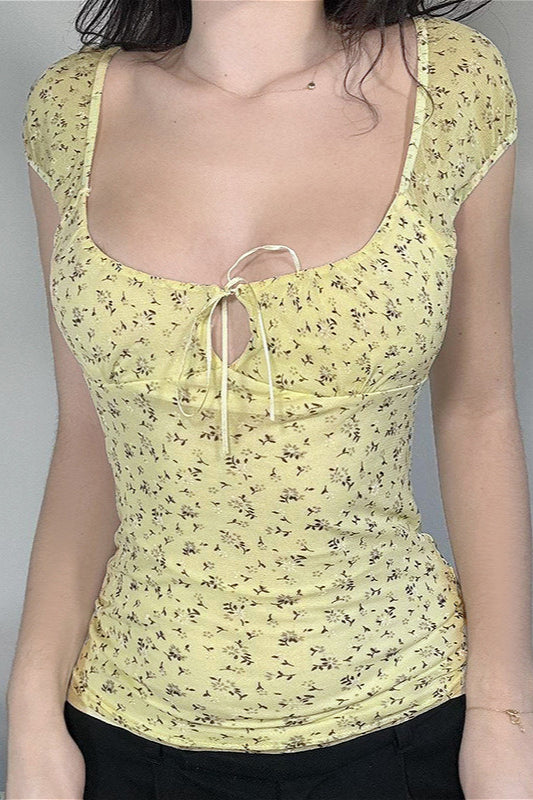 Vintage Cutout Tie Waist Yellow Floral Blouse image 3