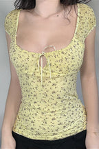 Vintage Cutout Tie Waist Yellow Floral Blouse image 3