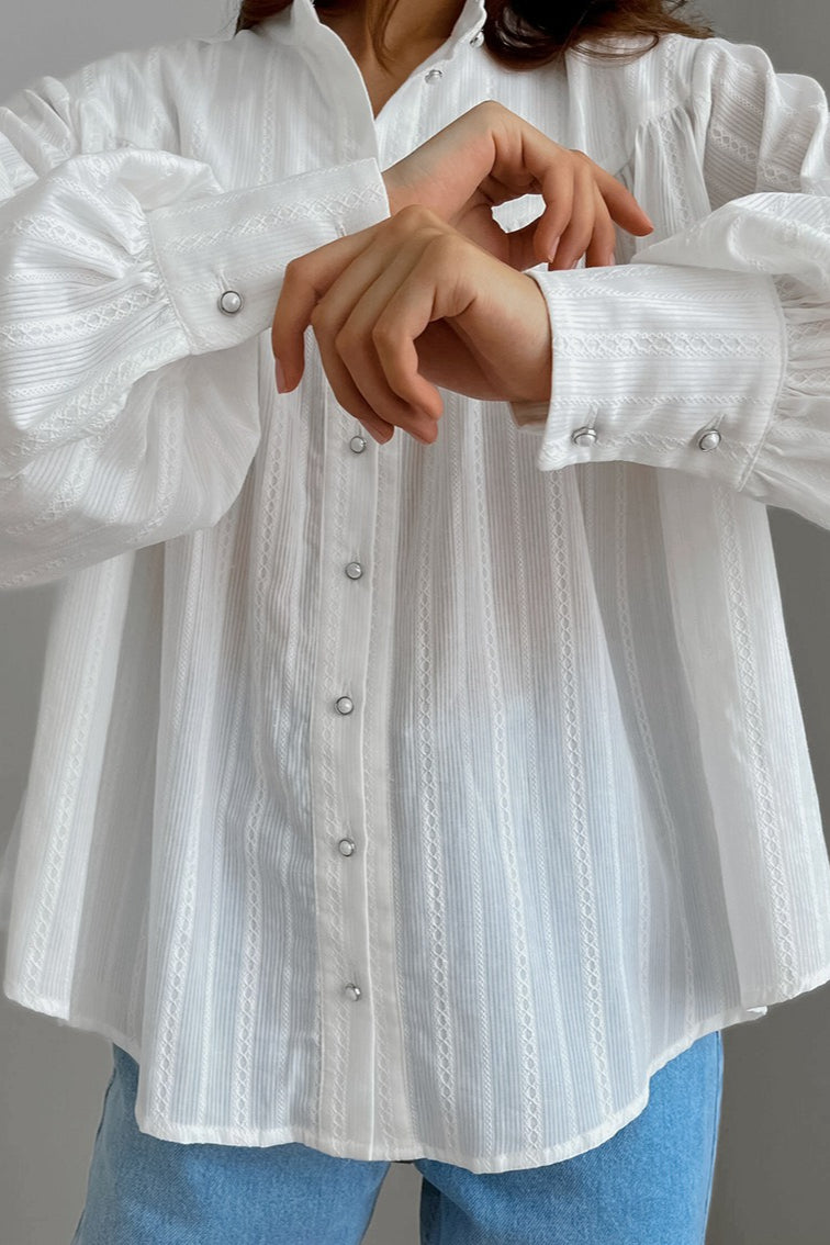 White Cotton Jacquard Stand Collar Blouse image 5