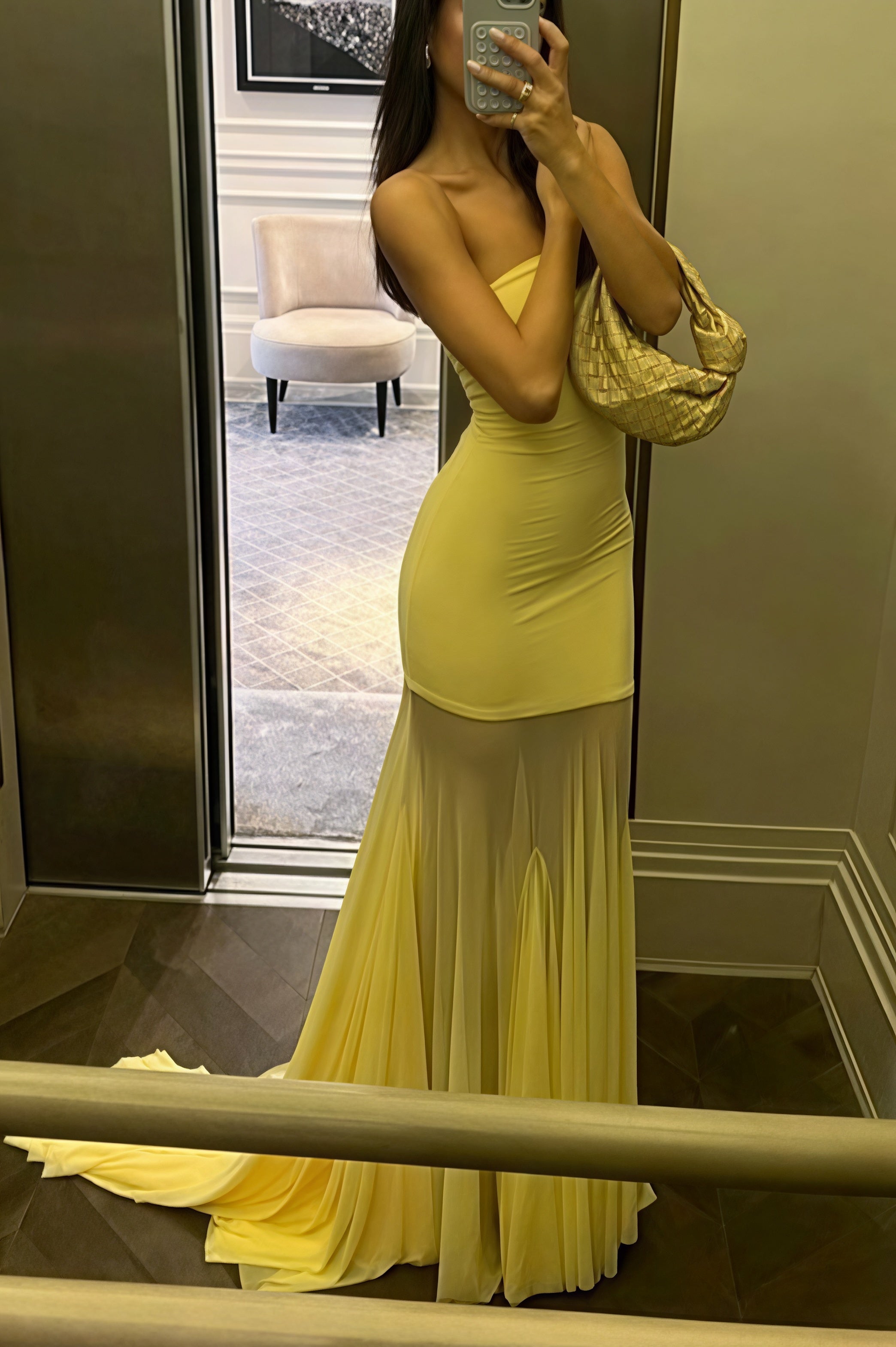 Solid Slim Patchwork Sheer Strapless Maxi Dress image 4