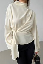 Chiffon Tie Waist Stand Collar Long Sleeve Tee image 2