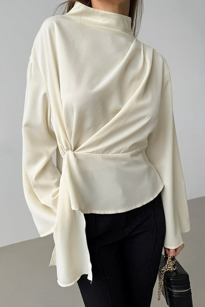 Chiffon Tie Waist Stand Collar Long Sleeve Tee image 2