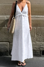 Sexy White Cotton Linen V-Neck Ruffle Loose Maxi Dress image 3
