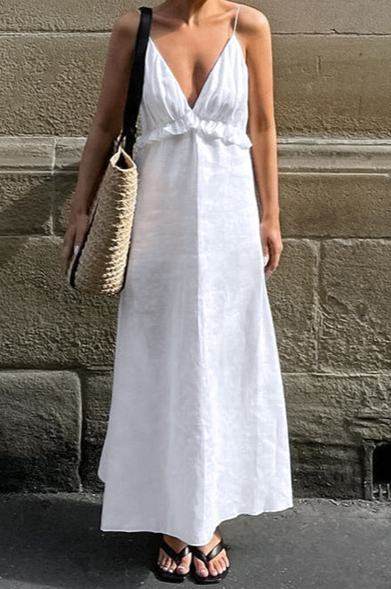 Sexy White Cotton Linen V-Neck Ruffle Loose Maxi Dress image 3