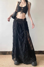Y2K Goth Lace-Up Paneled Patchwork Maxi Skirt image 1