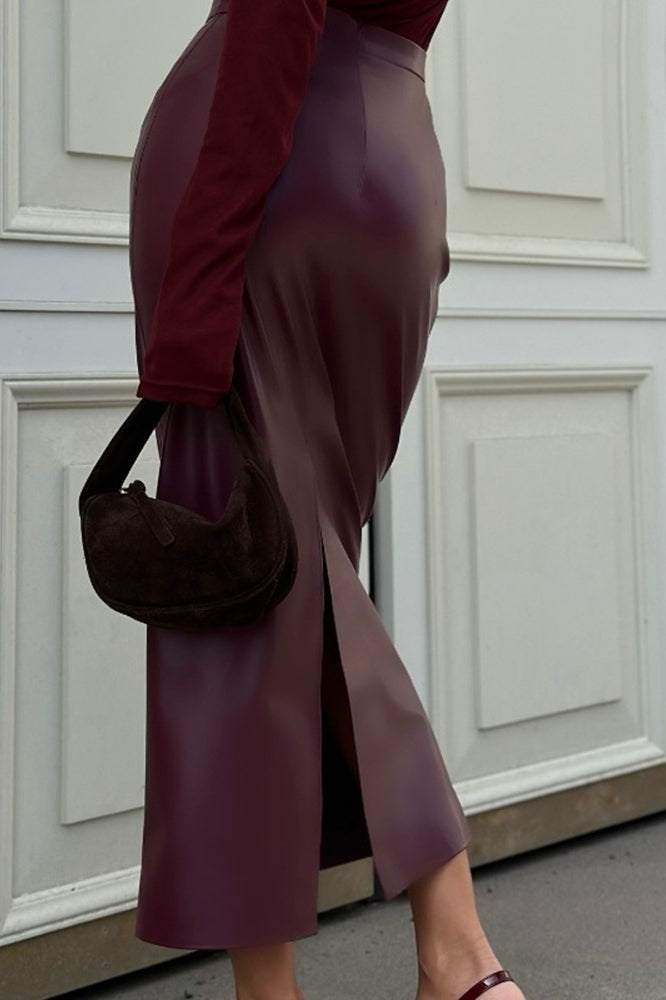 High-Waist Faux Leather Bodycon Skirt with Slit Skirt image 3