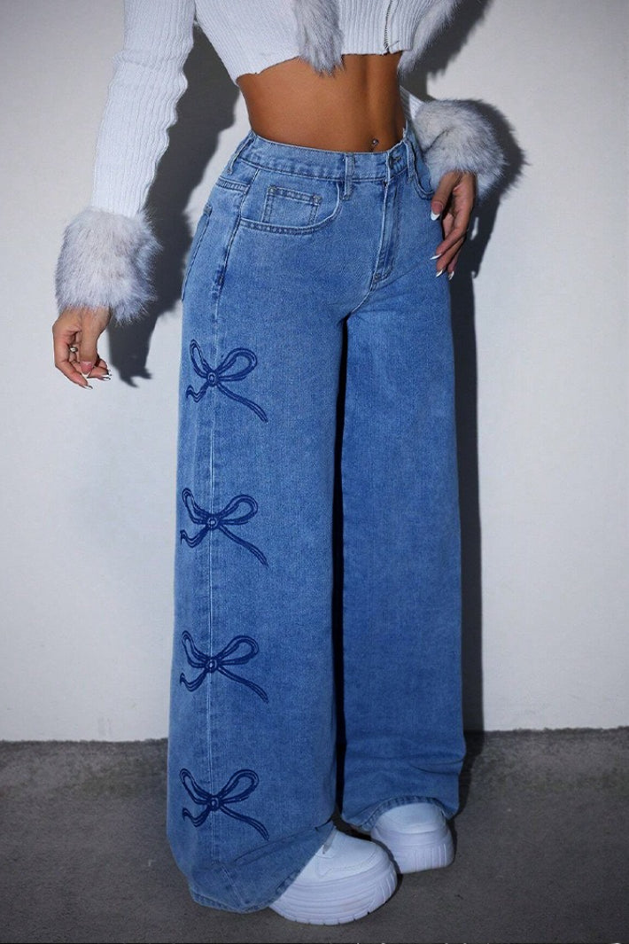 Y2K High Waist Bow Print Jeans image 1