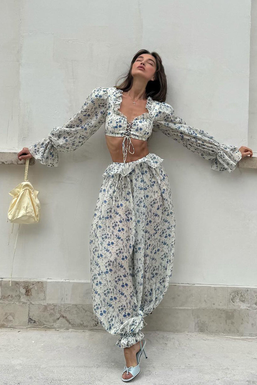 Floral Tie Front Square Neck Ruffled Cropped Top Low Waist Jogger Pants Two Piece Set image 2