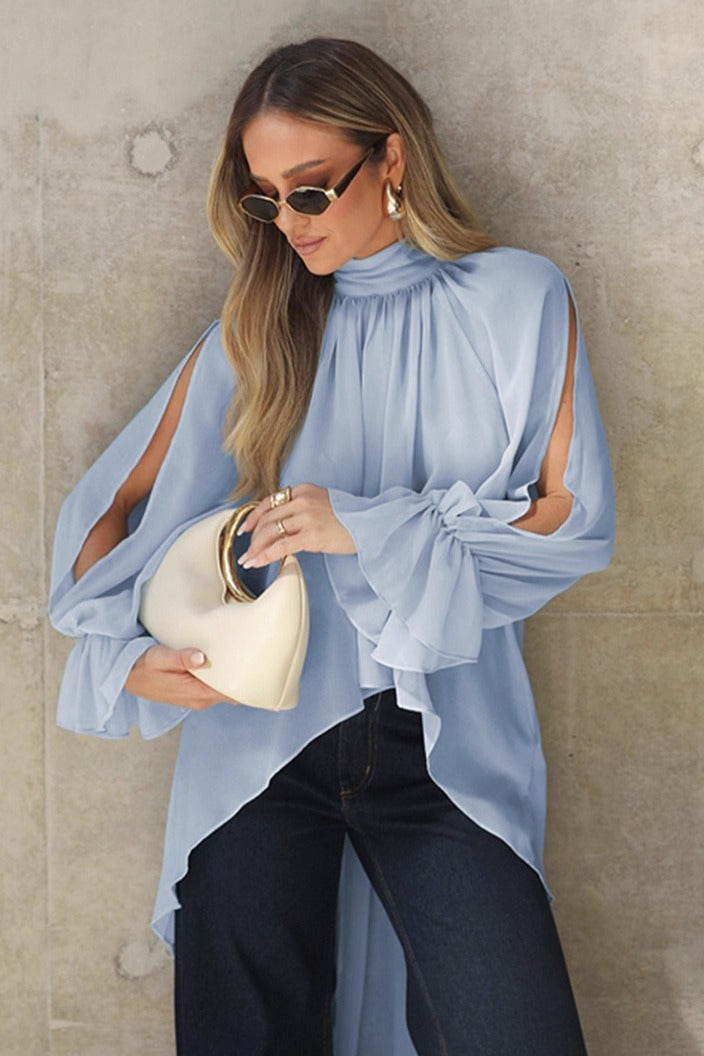 Blue Chiffon Bell Sleeve Cutout Blouse image 2