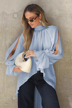 Blue Chiffon Bell Sleeve Cutout Blouse image 2