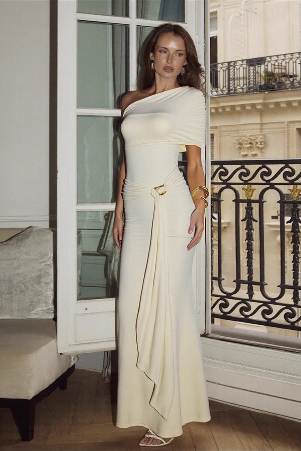 Sexy Asymmetrical Shoulder Tie Wrap Bodycon Maxi Dress image 2
