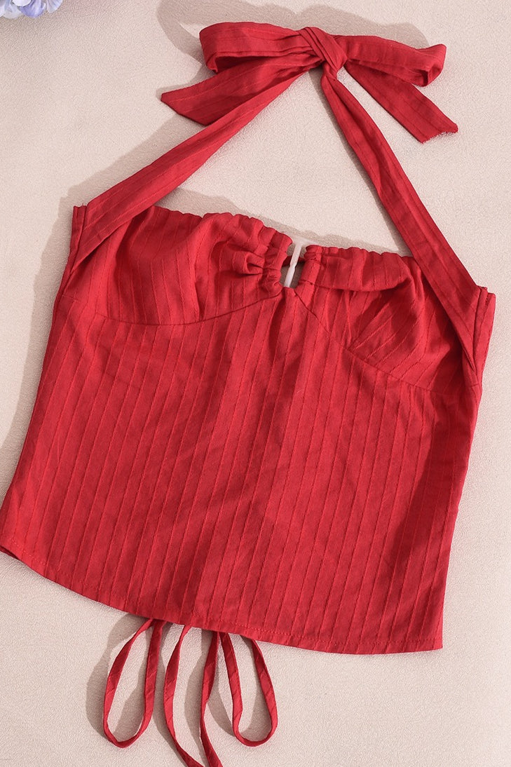 Striped Backless Tie Cropped Halter Top image 4