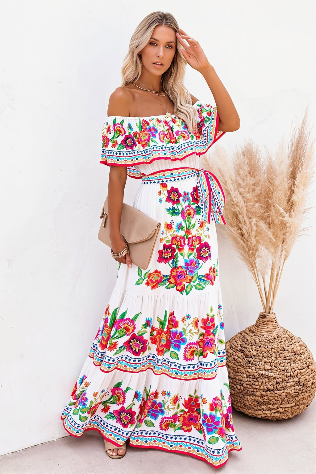 Ruffle Off Shoulder Bright Long Boho Dress image 3