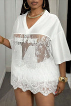 Number Print Loose Street Sheer Lace T-shirt image 1