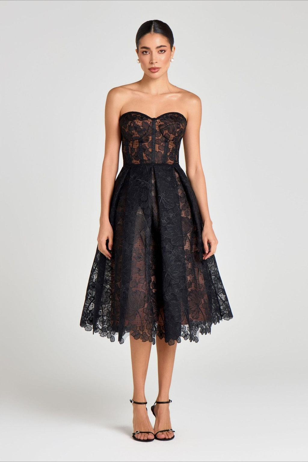 Elegant Lace Strapless Solid Midi Dress image 5