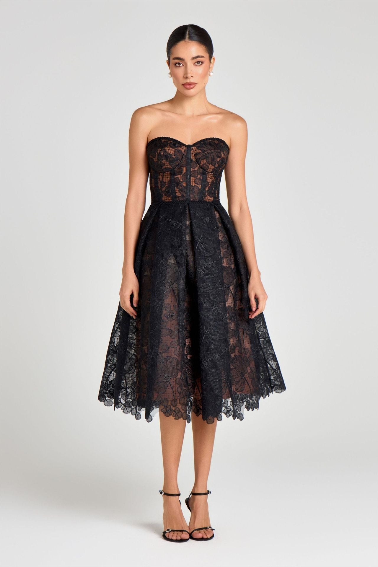 Elegant Lace Strapless Solid Midi Dress image 5