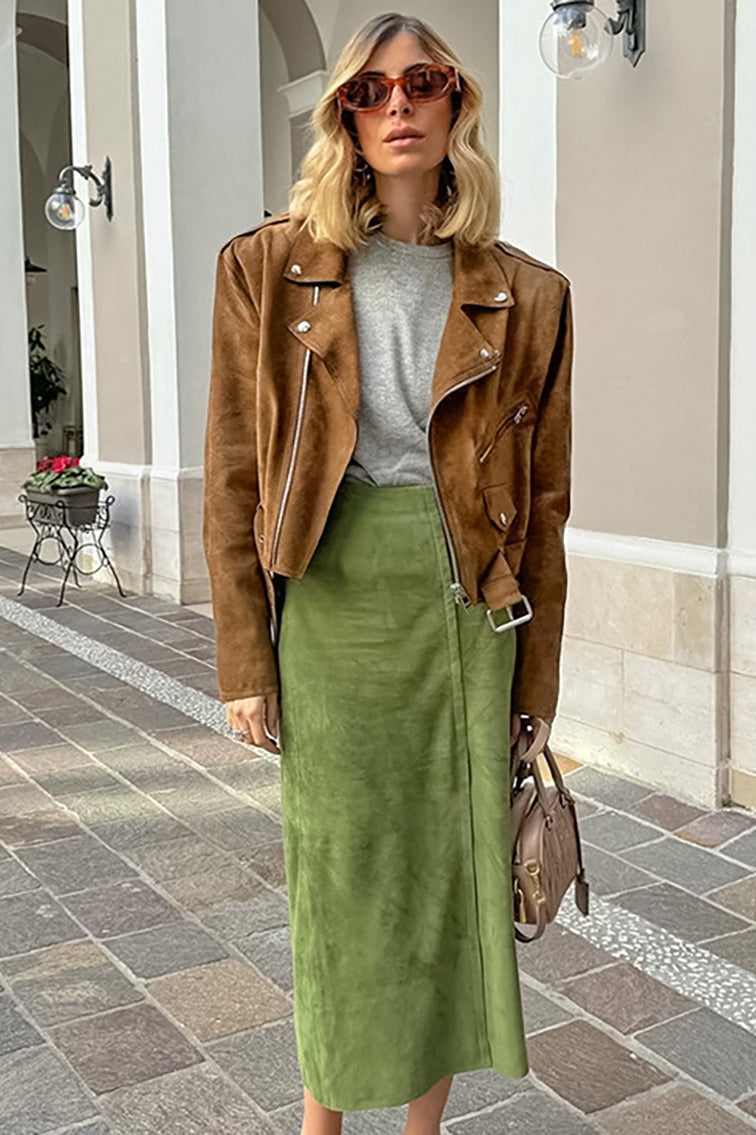 Velvet Green High-Waisted Slit Midi Skirt image 1