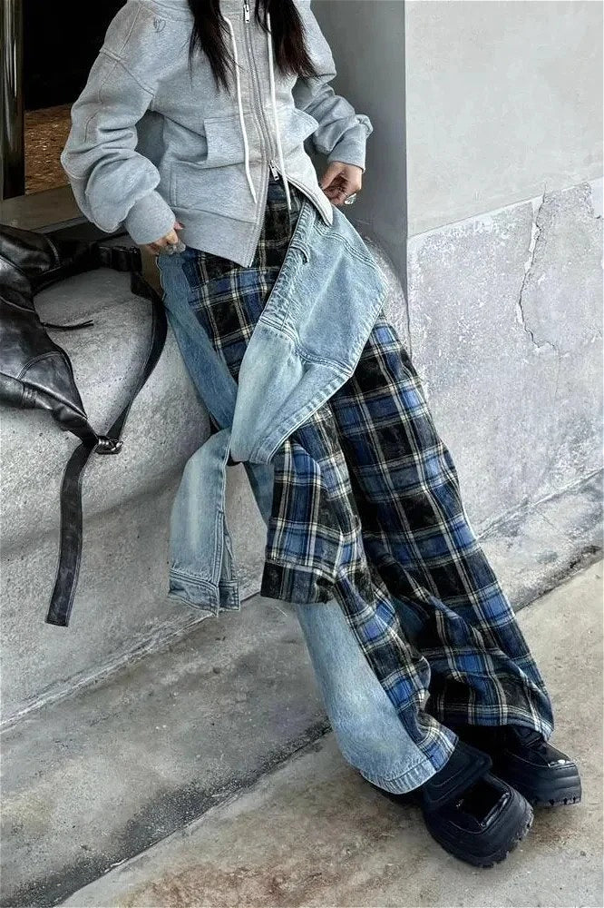 Plaid Patchwork High Waist Denim Pant image 4