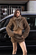 Furry Retro Crop Top Skirt Fox Fur Two Piece Set image 1