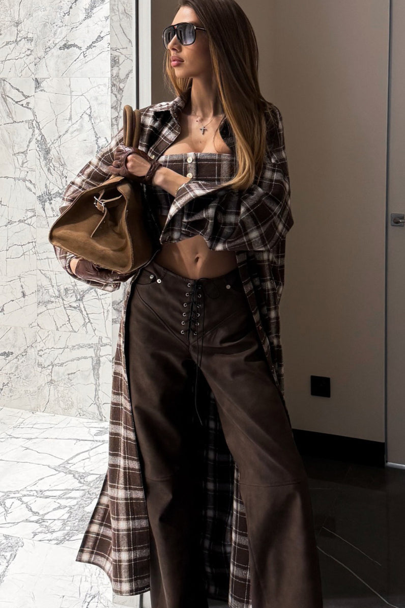 Designer Plaid Long Oversized Knee Length Shirt Overcoat image 2