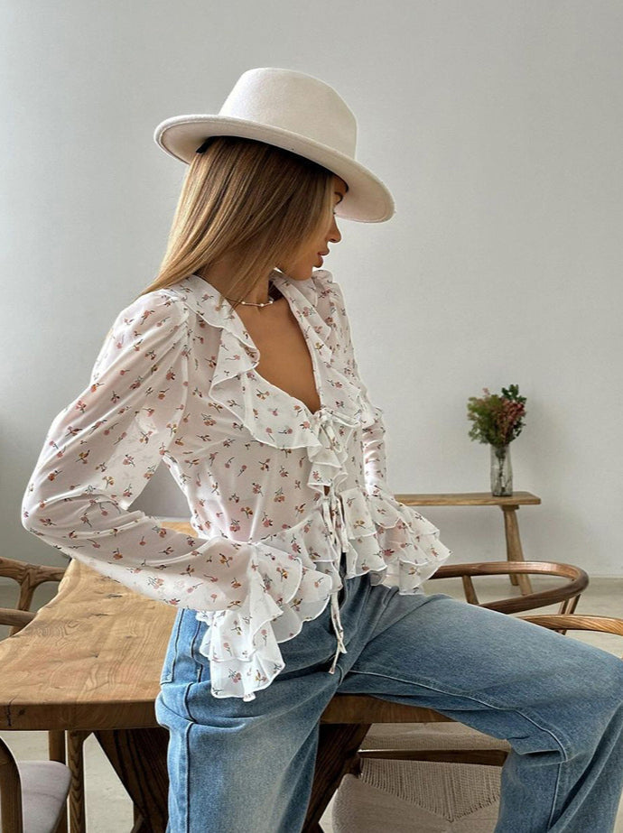 Floral Ruffled V-Neck Slim Fit Blouse image 5
