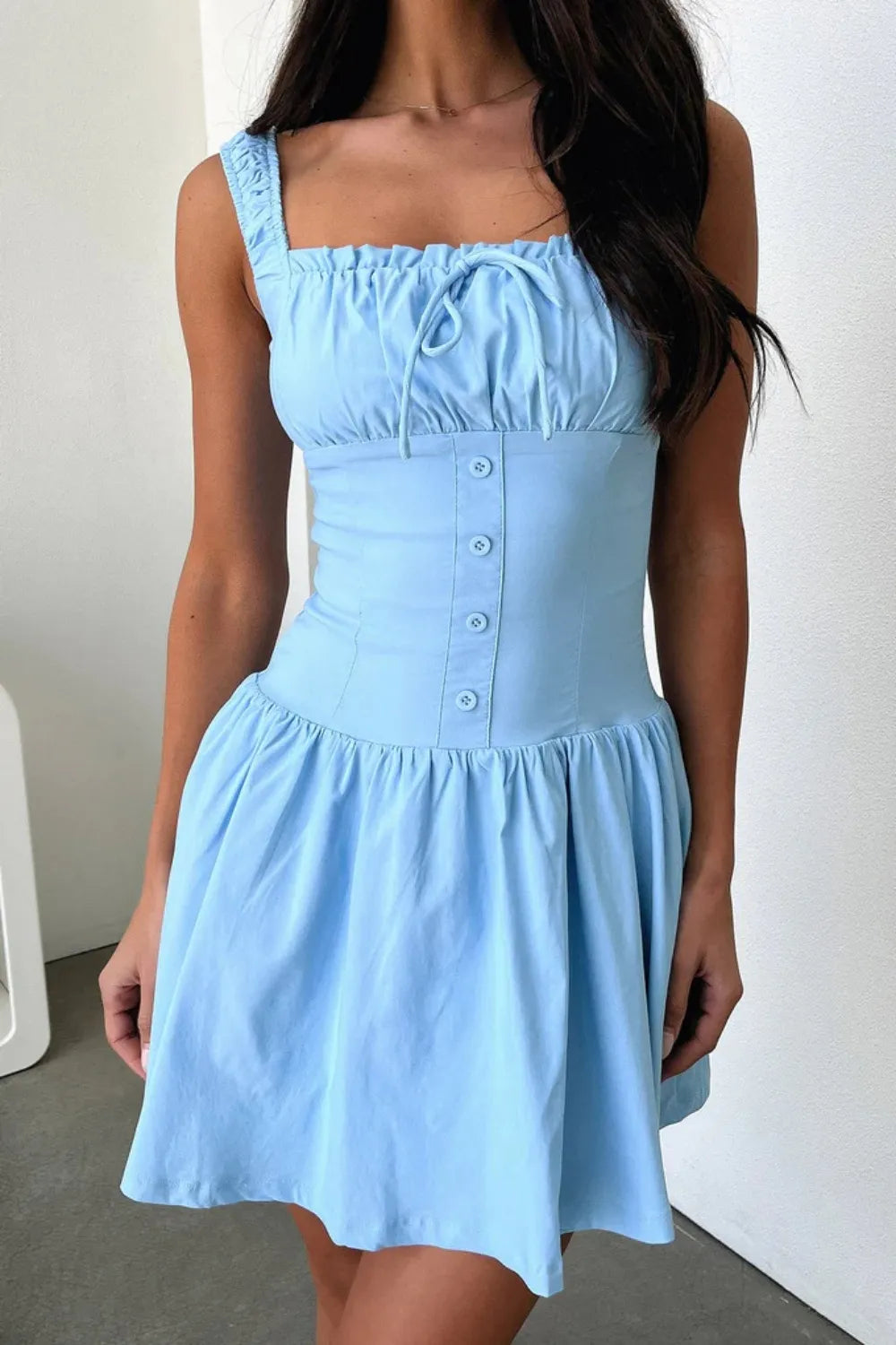 Allegra Button Cami Dress detail view styled for Avrienne