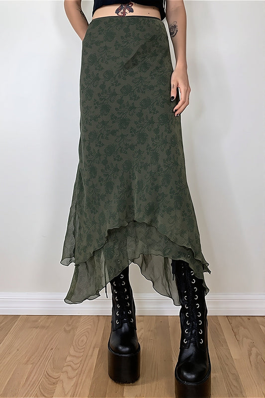 Floral Green Chiffon Irregular Maxi Skirt image 1