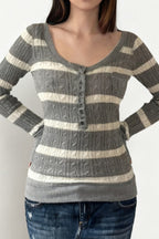 Cable Knit Striped Square Neck Sweet Knit Sweater image 2
