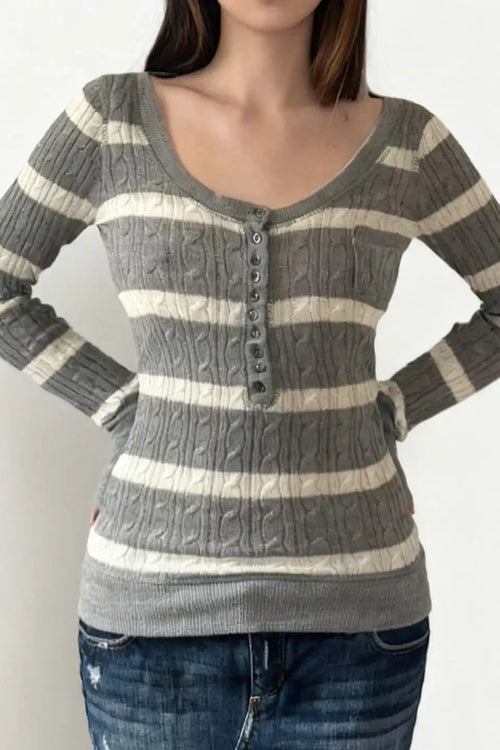 Cable Knit Striped Square Neck Sweet Knit Sweater image 2