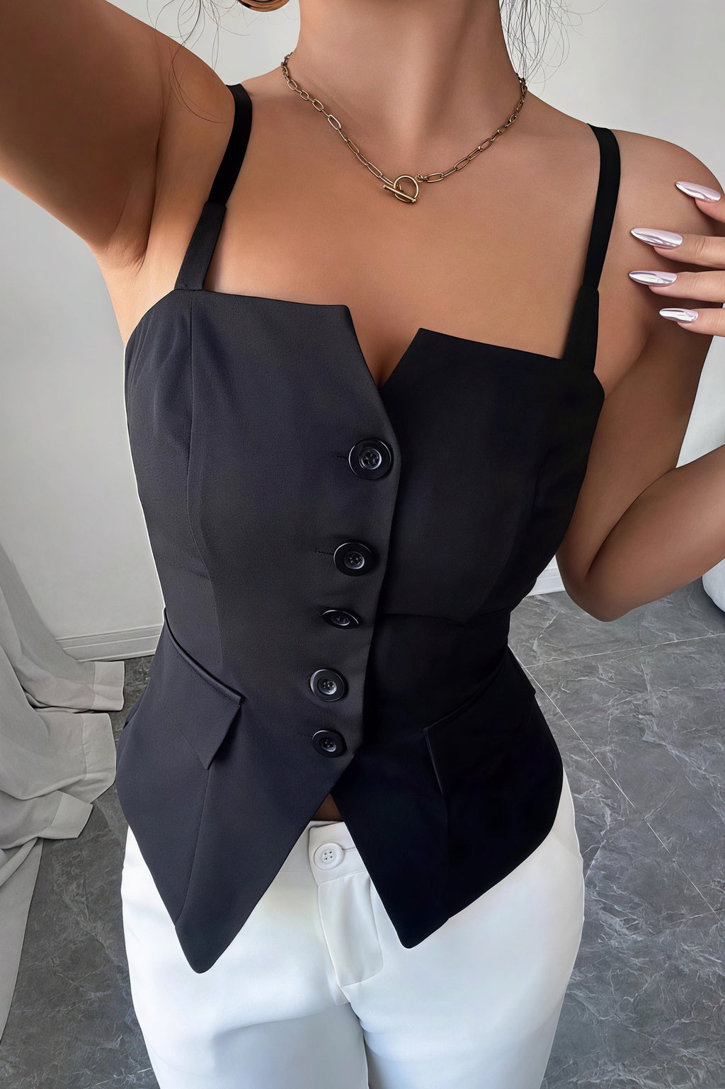 Slim Fit Button Vest Style Cami Top image 4