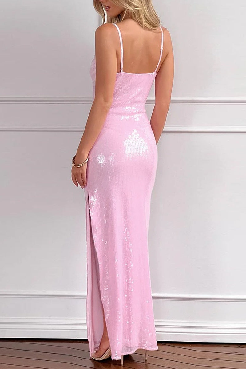 Pink Sequin V-Neck Slit Party Dress image 2