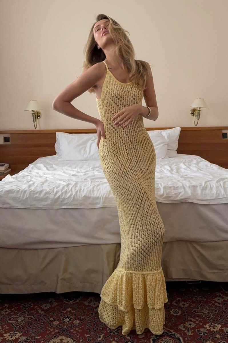 Boho Ruffle Knit Sexy Cutout Sheer Cami Maxi Dress image 2