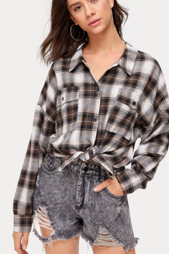 Plaid Stand Collar Button Shirt  Blouse image 8