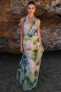 Watercolor Print Deep V Cowl Neck Backless Cami Ruched Maxi Dress image 1