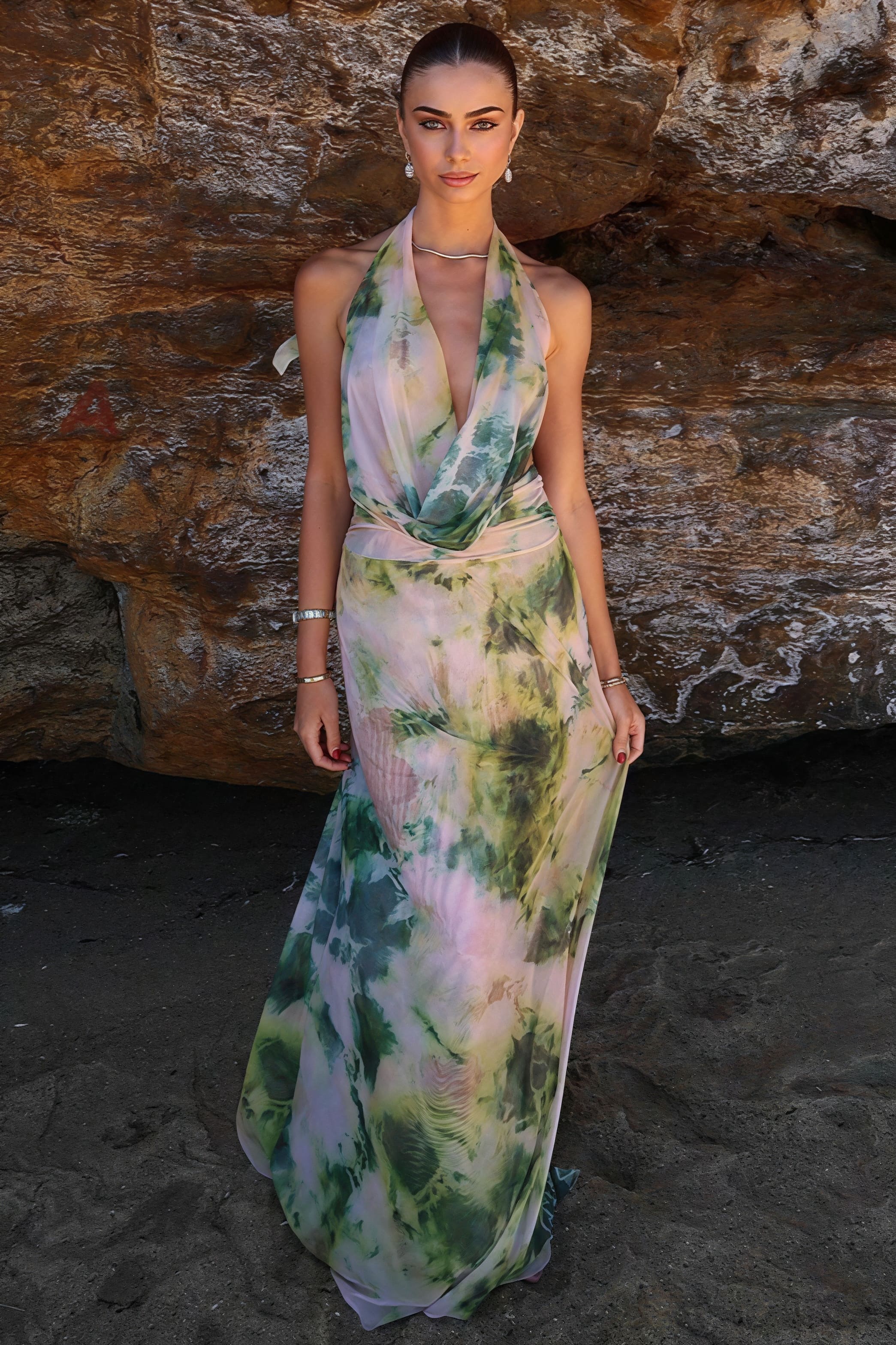 Watercolor Print Deep V Cowl Neck Backless Cami Ruched Maxi Dress image 1
