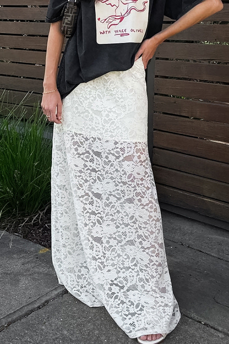 White Lace Sheer High Waist A-Line Skirt image 2