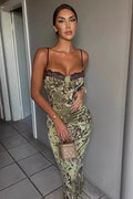 Lace Color Block Printed Slit Bodycon Maxi Dress image 1