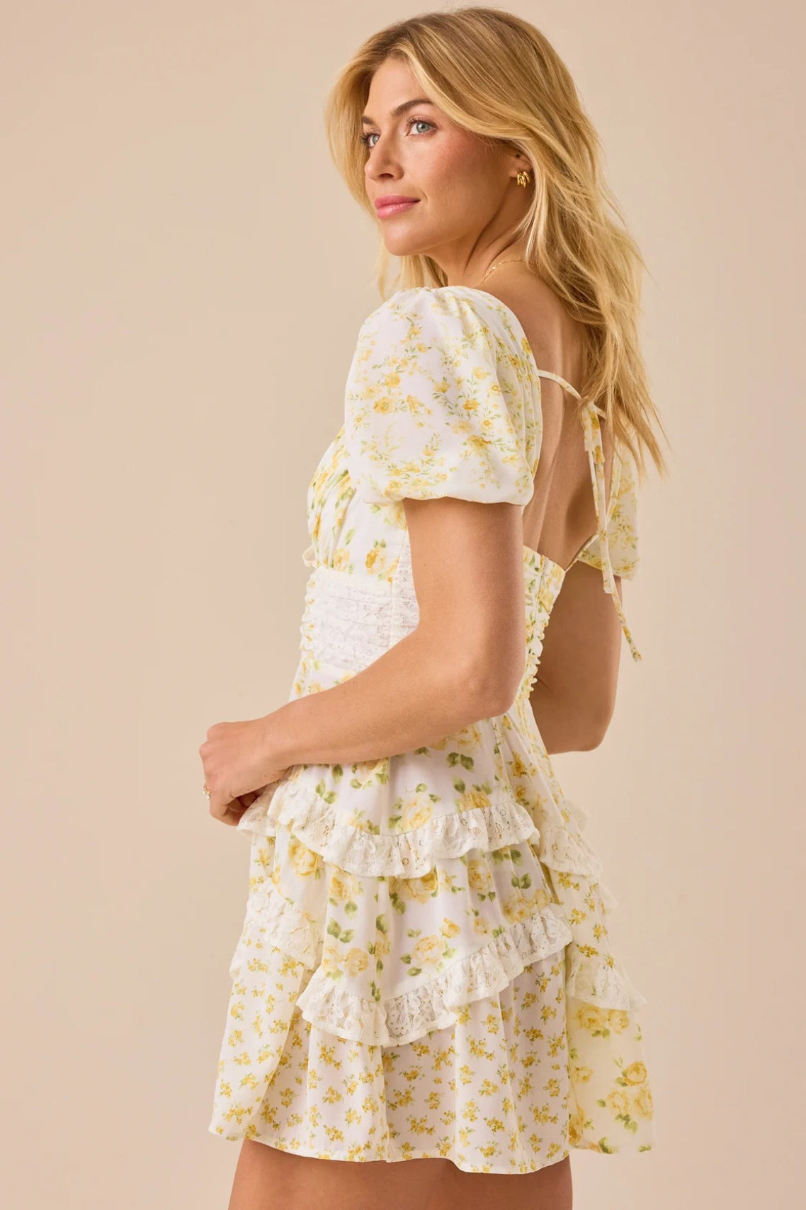Floral Lace Patchwork V Neck Puff Short Sleeve Mini Dress image 17