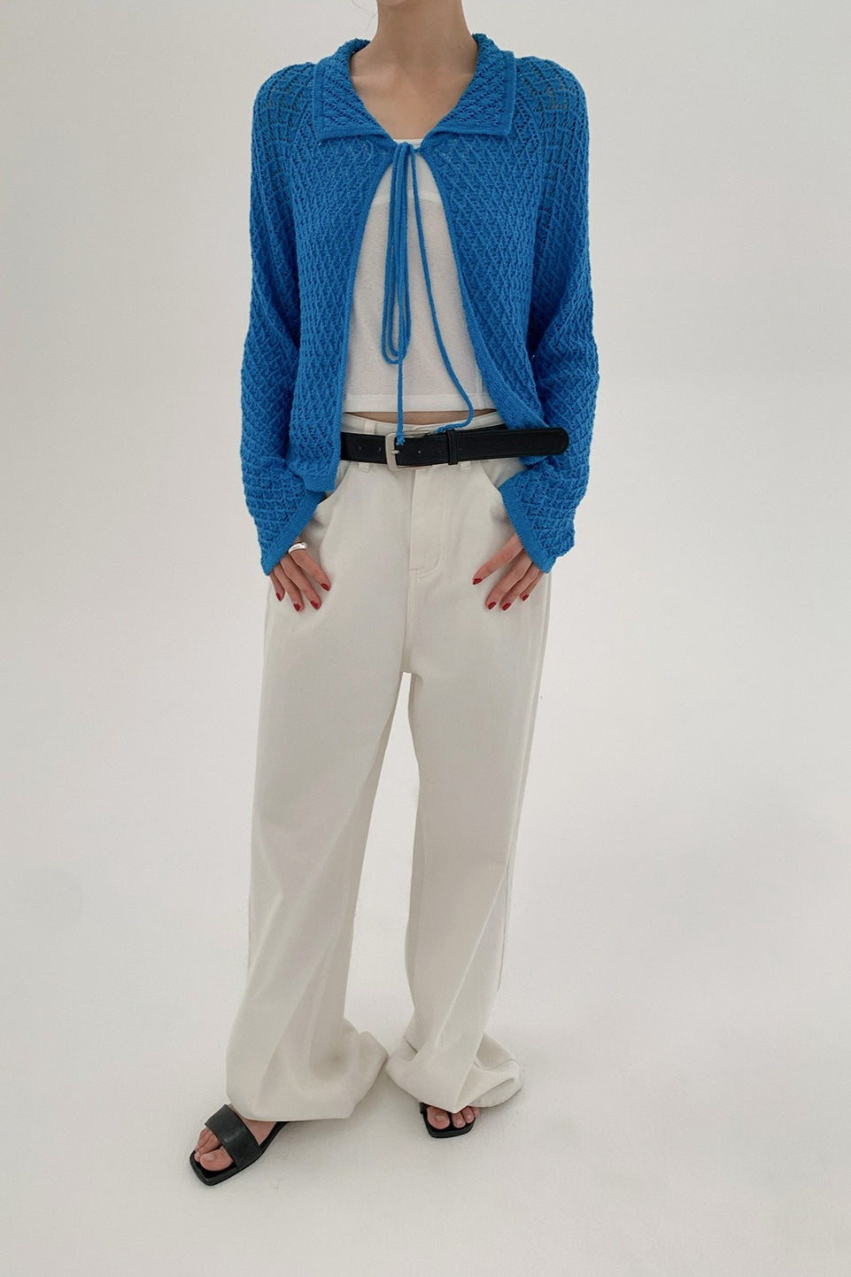 Hollow-Out Collared Tie-Waist Long-Sleeve Short Knit Cardigan image 14