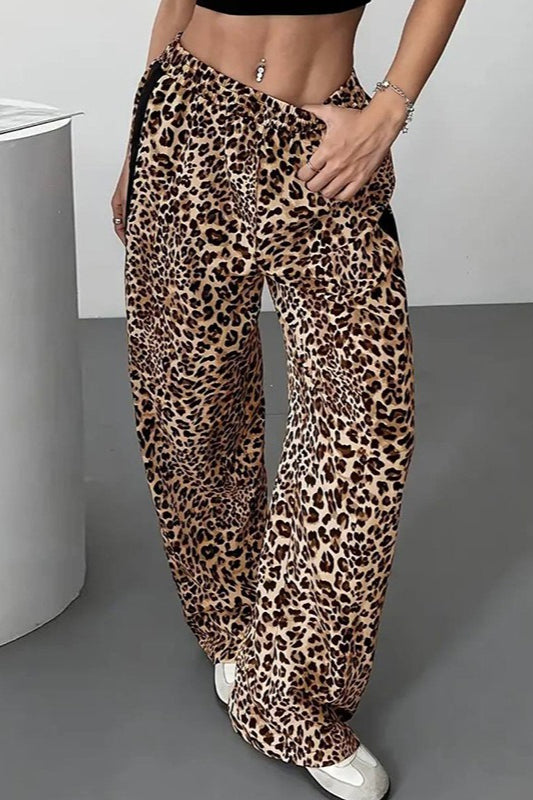 Stylish Leopard Print Black Trim High-Waisted Wide-Leg Pants image 6