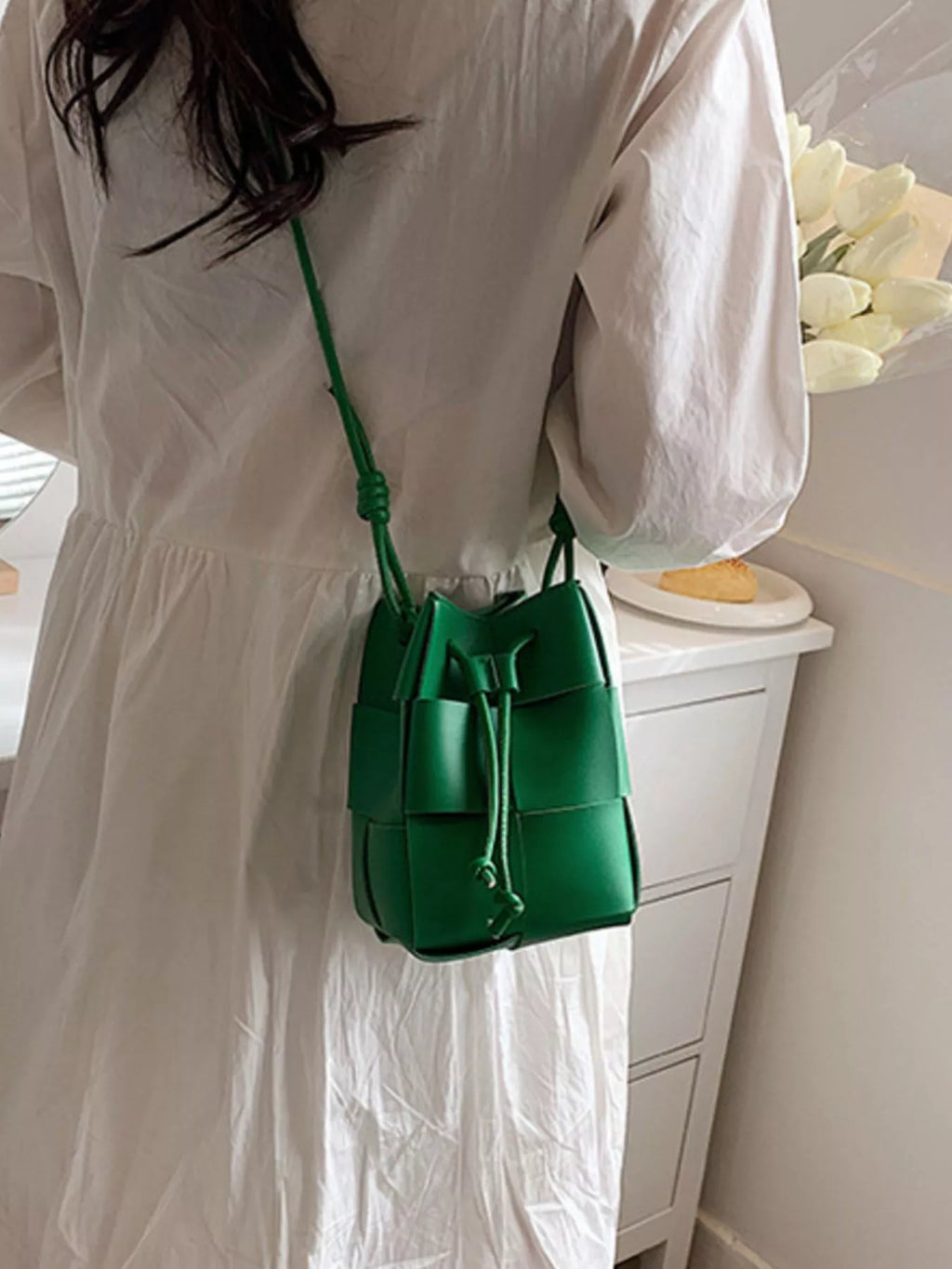 Carmen Bucket Bag detail view styled for Avrienne