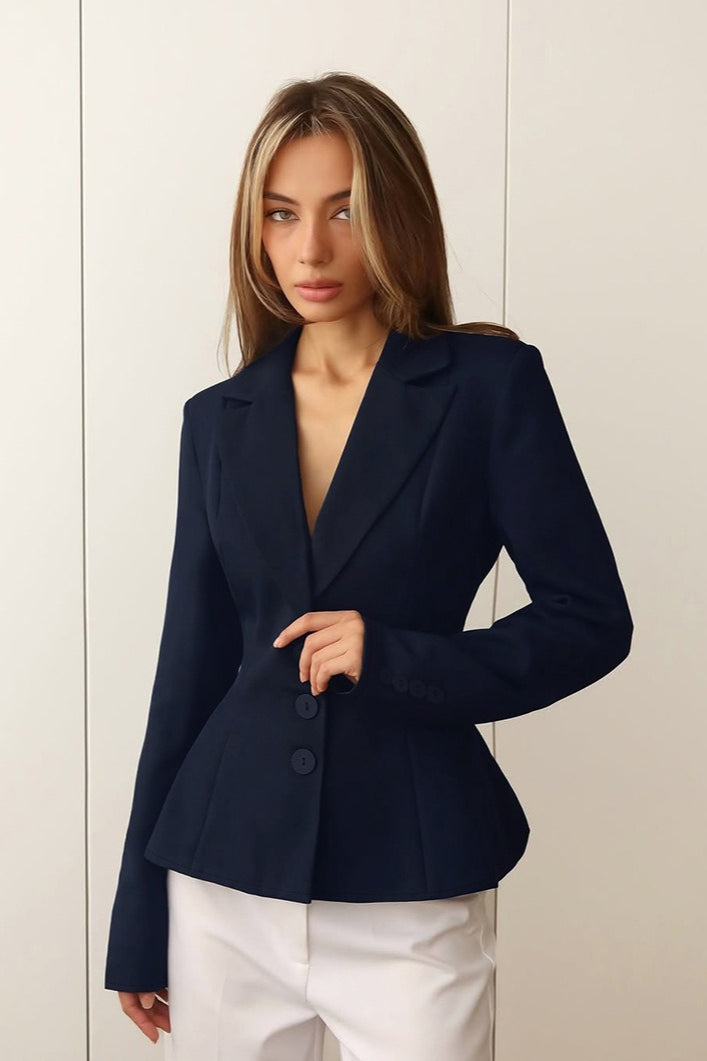Fitted Waist V-Neck Padded Shoulder Long Sleeve Blazer image 3