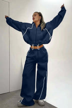 Color Block Striped Hooded Zipper Loose Two Piece Set image 12