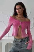 Off Shoulder Zipper Fitted Knit  Blouse image 1
