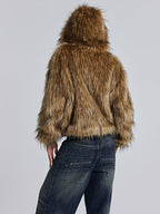 Metal Button Zipper Fur Leather Panel Loose Coat image 4