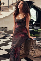 Vintage Spaghetti Strap Bodycon Retro Print Maxi Dress image 1