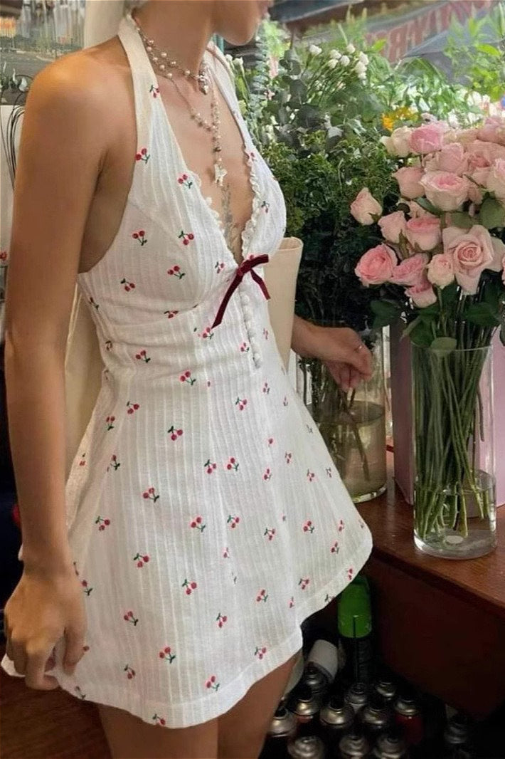 Cherry Print Halter Backless Mini Dress image 3