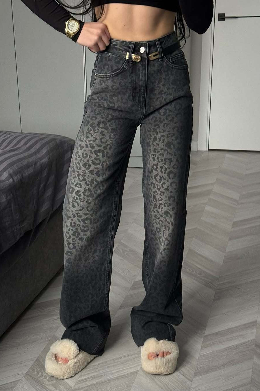 Black Grey Washed Leopard Print High Waist Jeans image 1