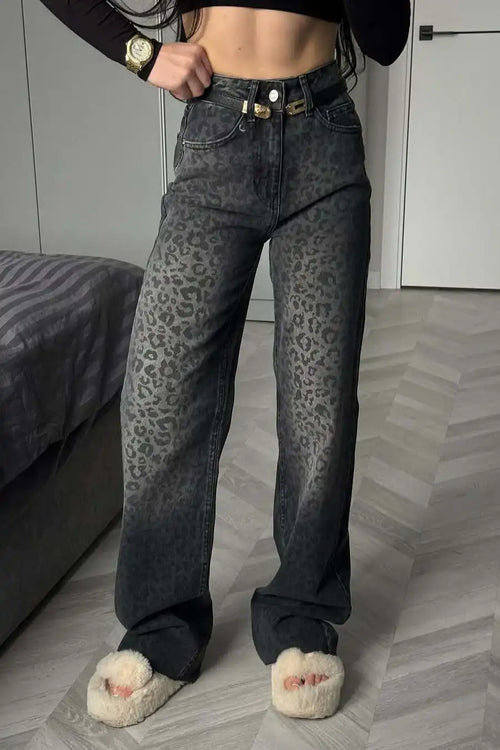 Black Grey Washed Leopard Print High Waist Jeans image 1